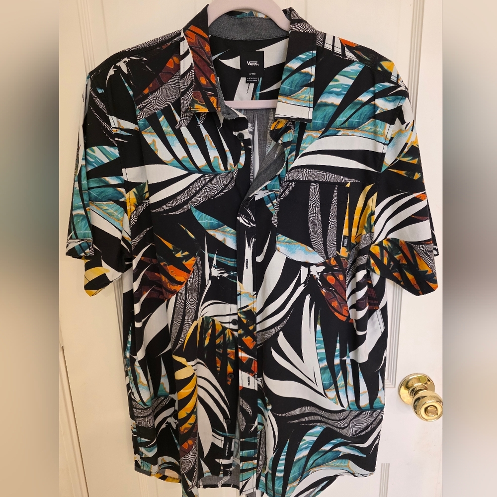 Vans Men's Tropical Leaf Print Shirt - Black, Teal, and Orange